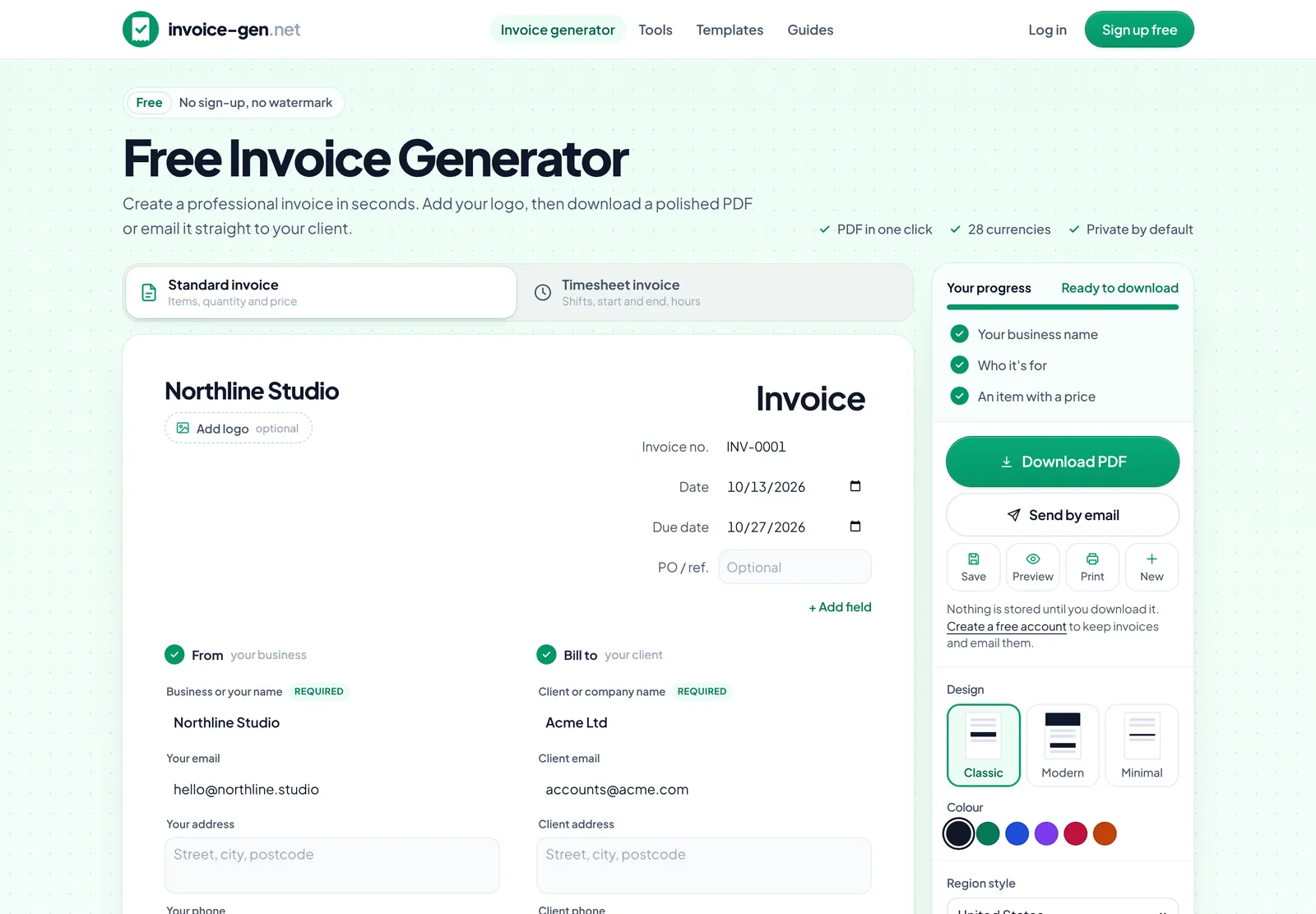 Invoice-Gen.net, an invoice generator built and run by Ever Legit