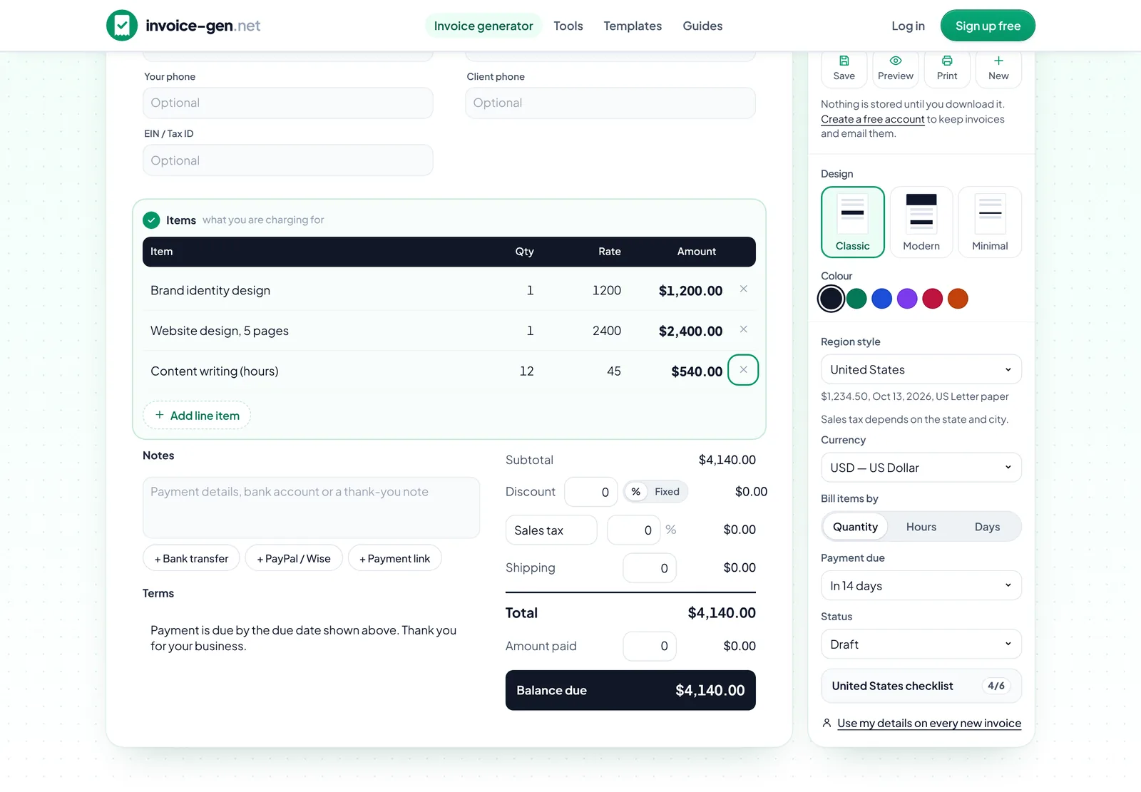 Invoice line items, totals and the balance due in the Invoice-Gen.net editor